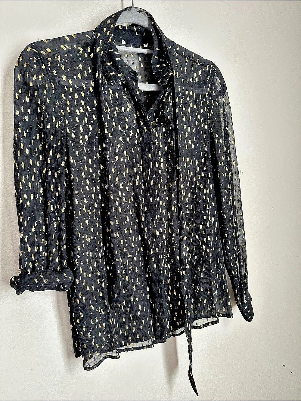 Sezane black and Gold Tie sheer  blouse Size